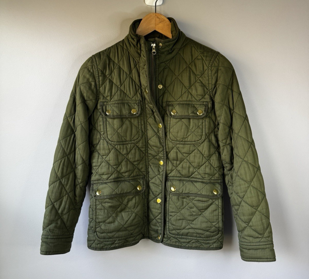 J Crew Womens PXS Green Quilted Downtown Field Jacket Full Zip Snap Button